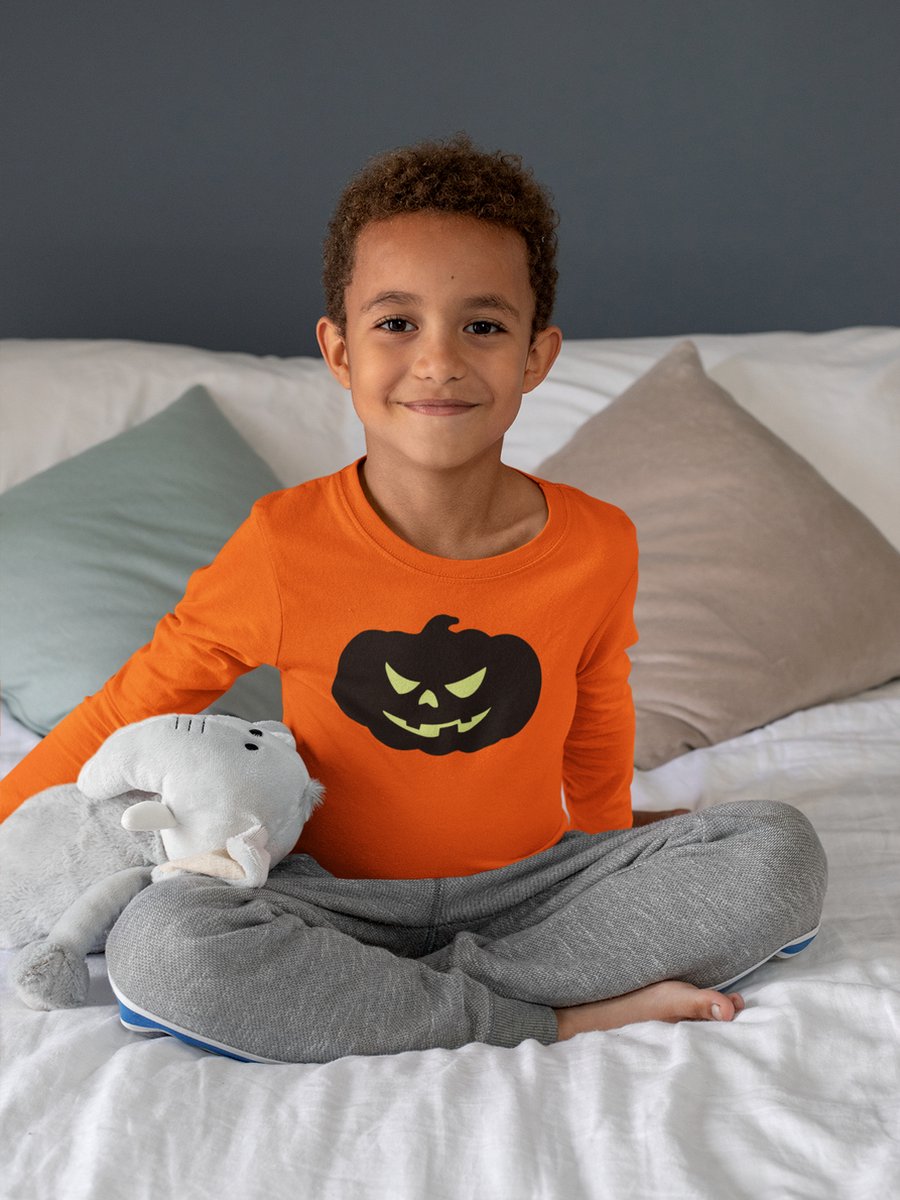 Halloween Reflective T-shirt / Kostuum voor kinderen | Pompoen gezicht | Pumpkin face | Oranje | Maat 140